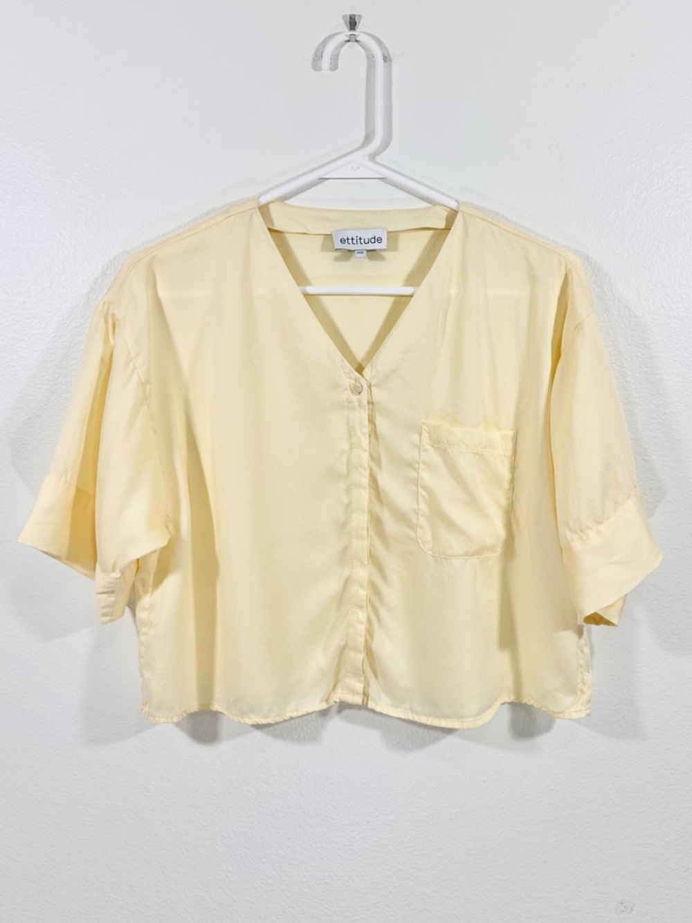 Ettitude Bamboo Lyocell Short Sleeve Button Down Lounge Top XS Pale Yellow